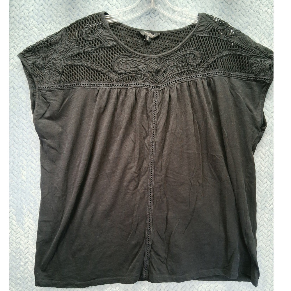 Lucky Brand Womens 2X Black Crochet Mesh Embroidered Short Sleeve Knit Top